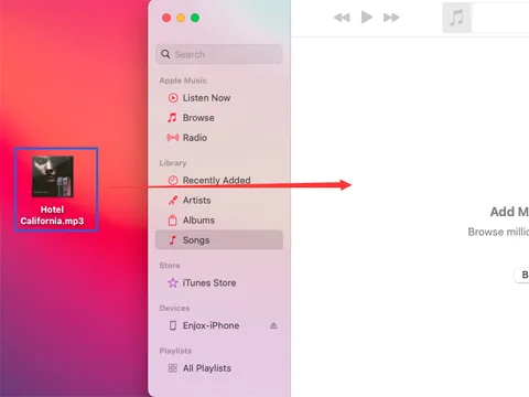 Trascinamento della musica nella cartella Songs di iTunes (passo 2)