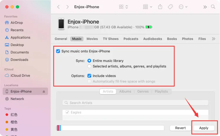 Sincronizzazione della musica su un iPhone per Enjox (passo 4)